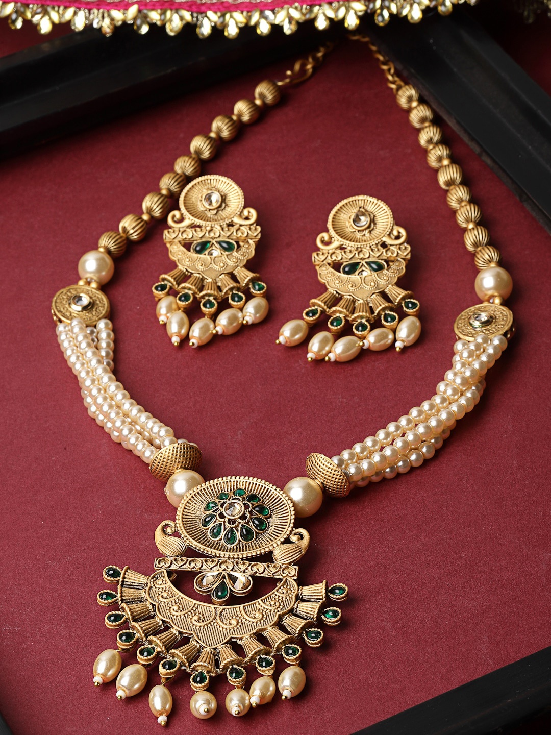 

ADIVA Gold-Plated Stone-Studded & Beaded Jewellery Set