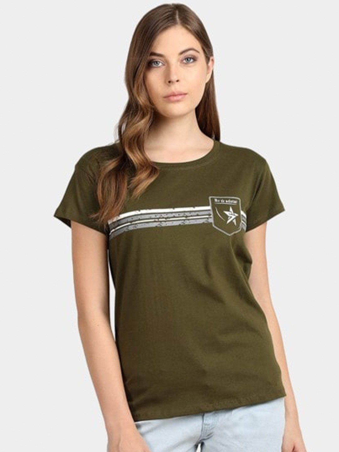 

Next One Women Olive Green Typography Extended Sleeves Pockets T-shirt