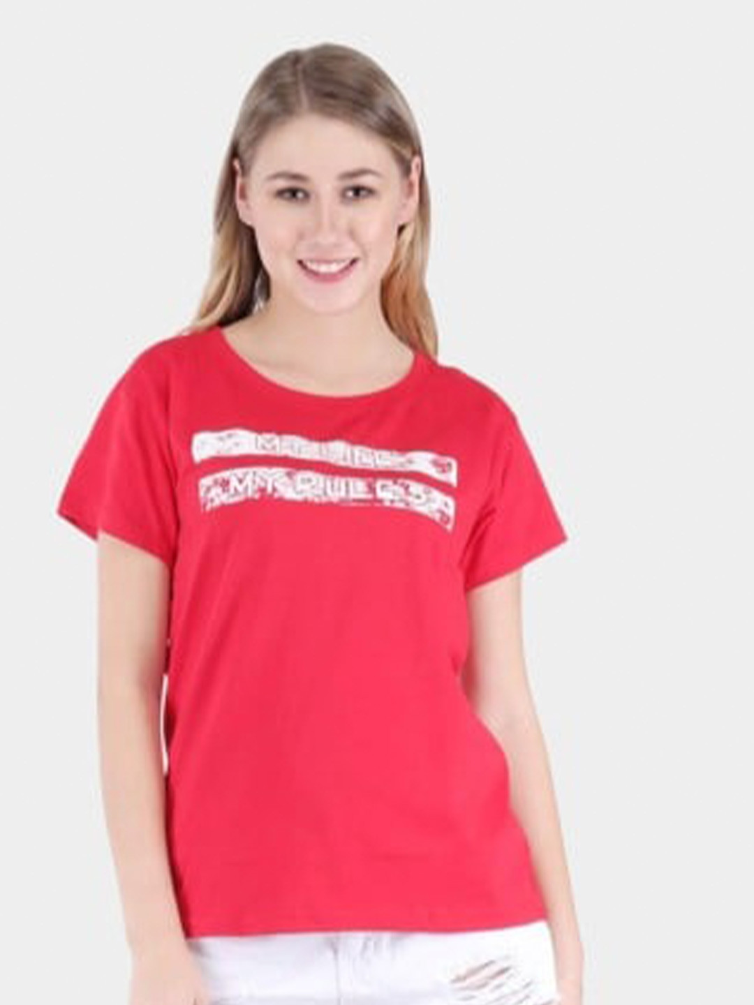 

Next One Women Red Printed Extended Sleeves Pockets T-shirt