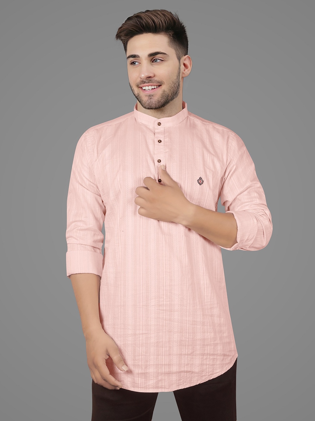 

Jb Just BLACK Band Collar Striped Linen Kurta, Pink