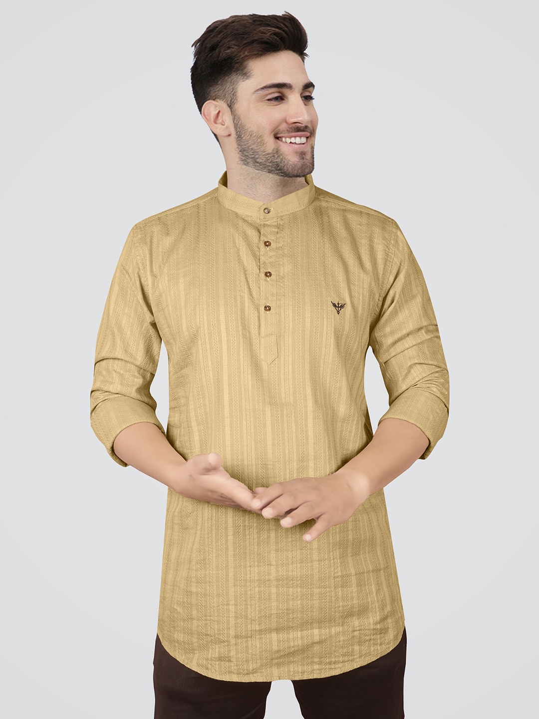 

Jb Just BLACK Classic Slim Fit Band Collar Vertical Striped Linen Casual Shirt, Beige