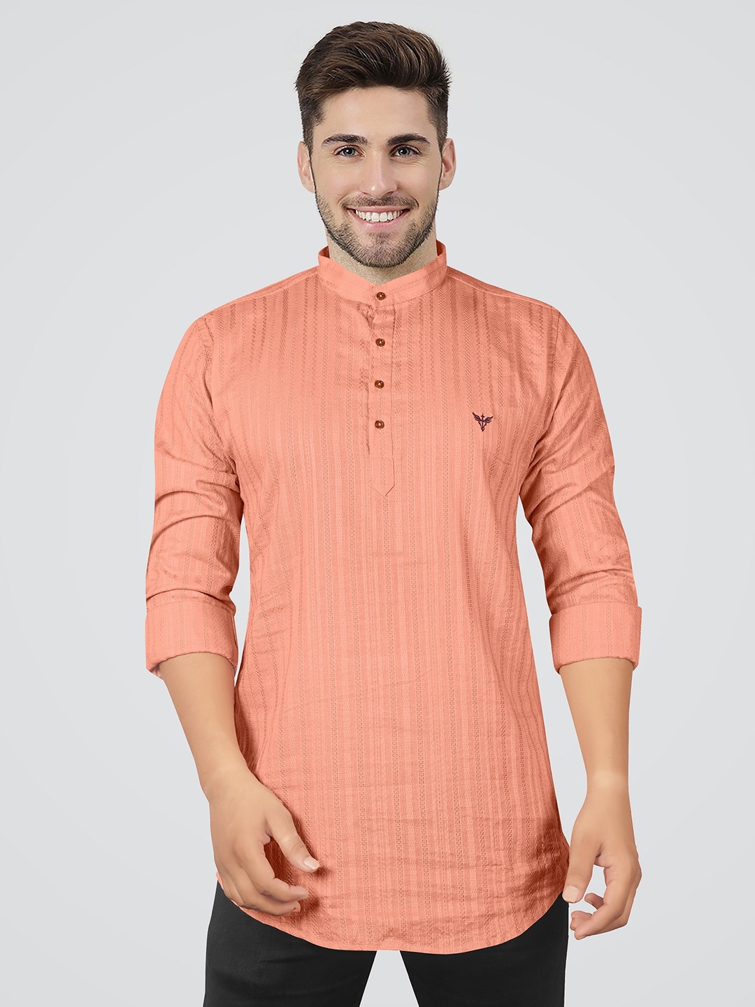

Jb Just BLACK Band Collar Striped Linen Kurta, Peach