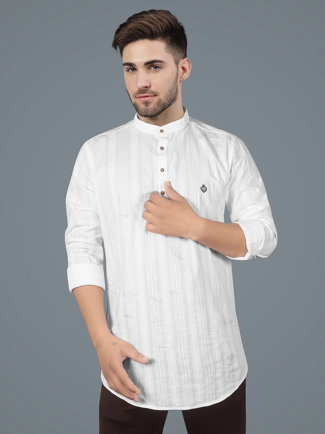 

Jb Just BLACK Band Collar Striped Linen Kurta, White