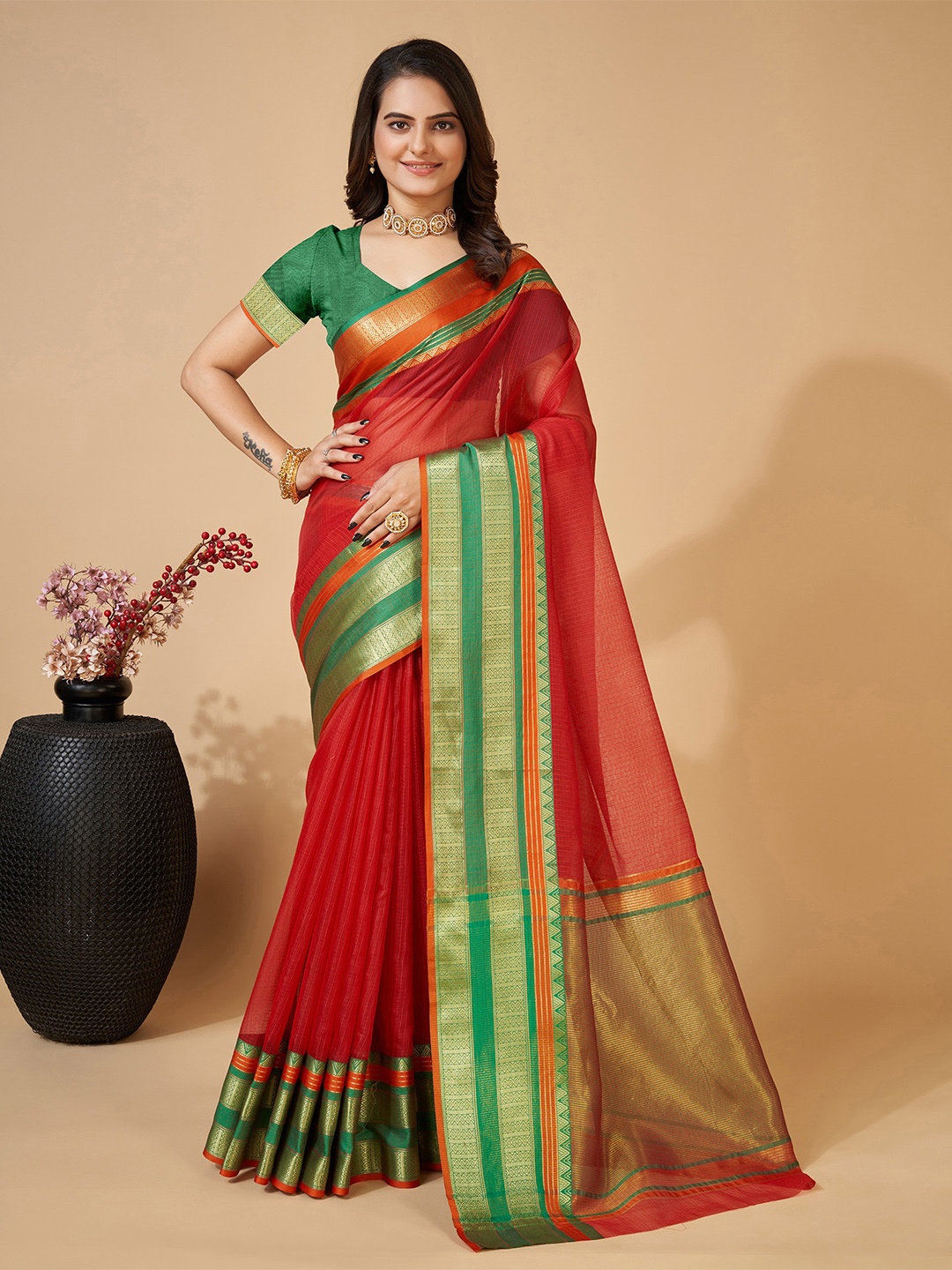 

Anjaneya Sarees Woven Design Border Zari Kanjeevaram Saree, Red