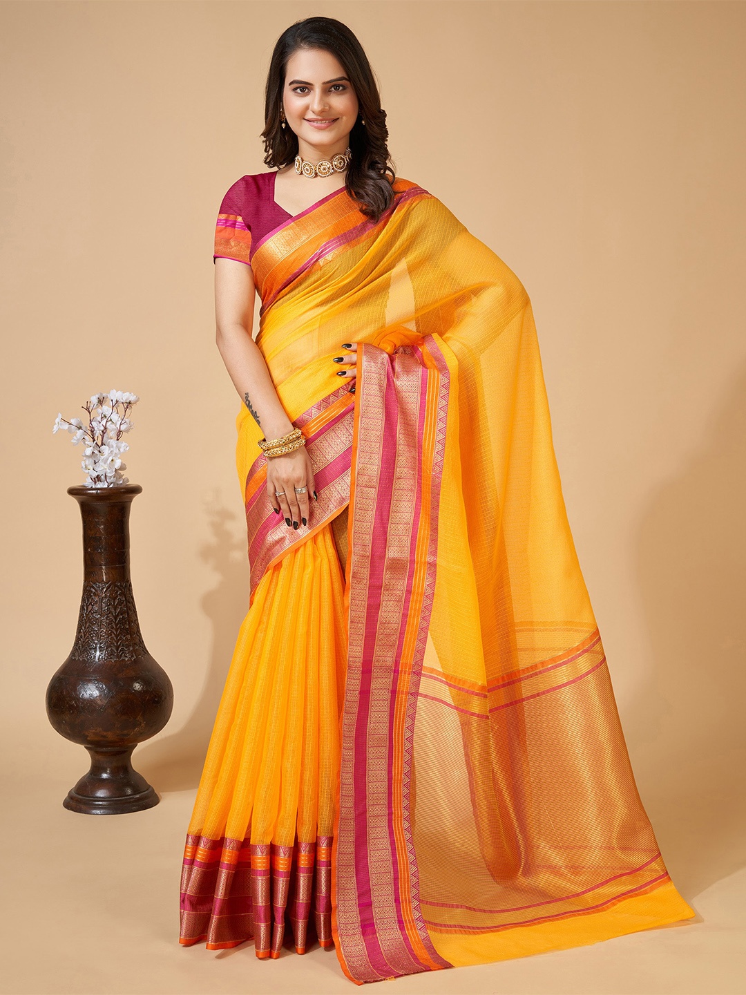 

Anjaneya Sarees Woven Design Border Zari Kanjeevaram Saree, Yellow