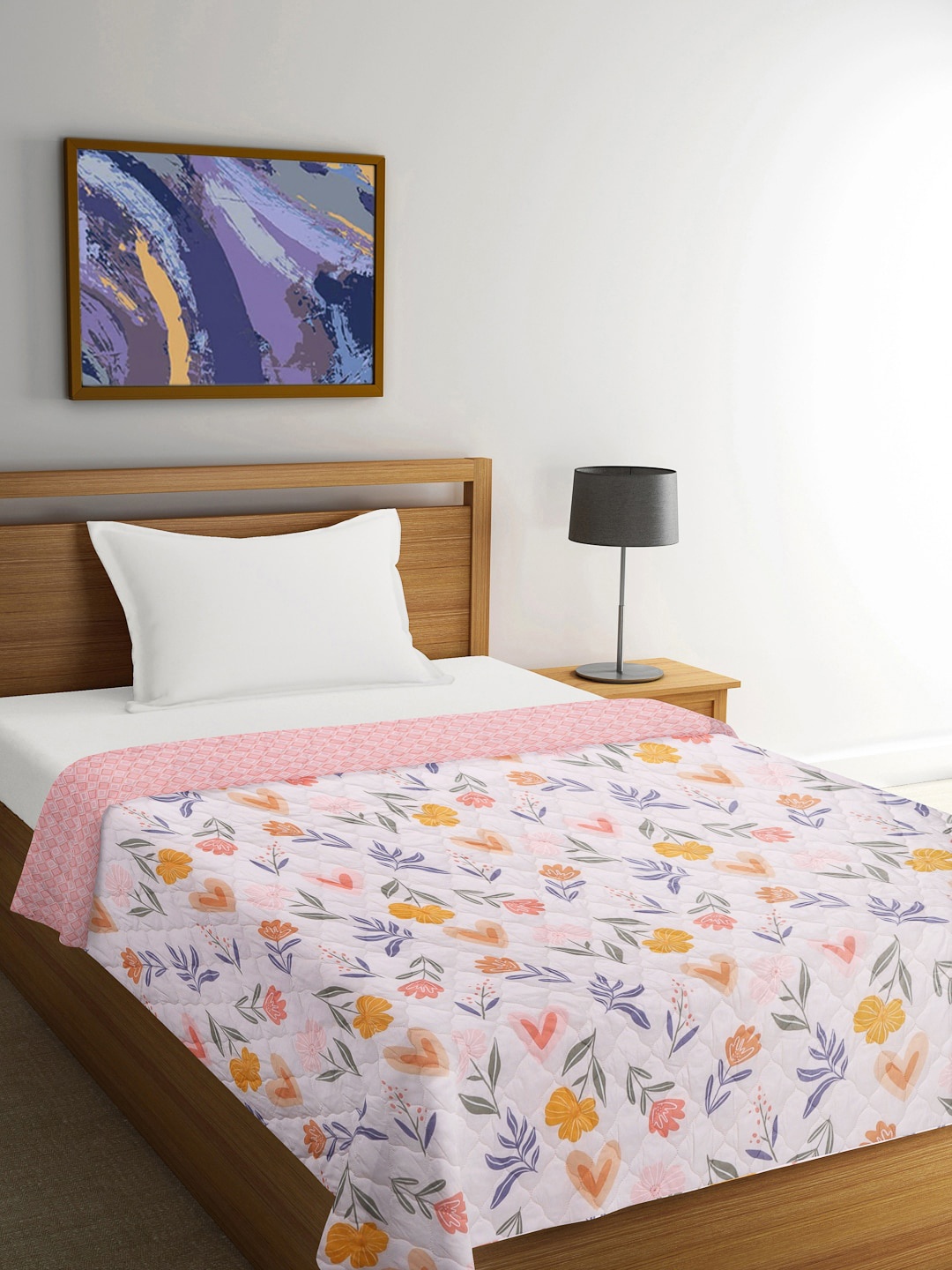 

FABINALIV White & Green Floral Mild Winter 350 GSM Reversible Single Bed Comforter