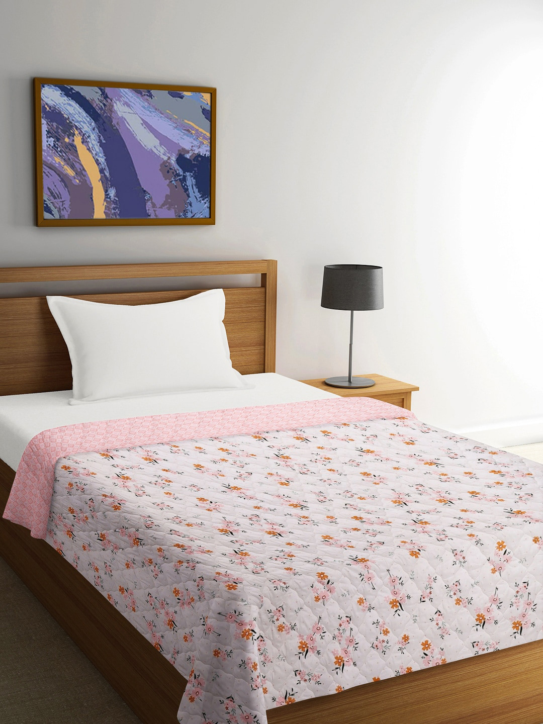 

FABINALIV White & Pink Floral Print Reversible Mild Winter 350 GSM Single Bed Comforter