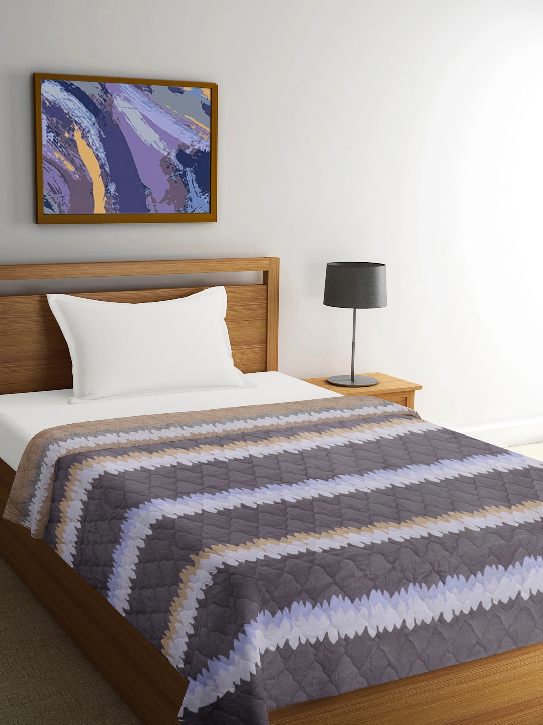 

FABINALIV Grey & Brown Striped Reversible Mild Winter 350 GSM Single Bed Comforter, Multi