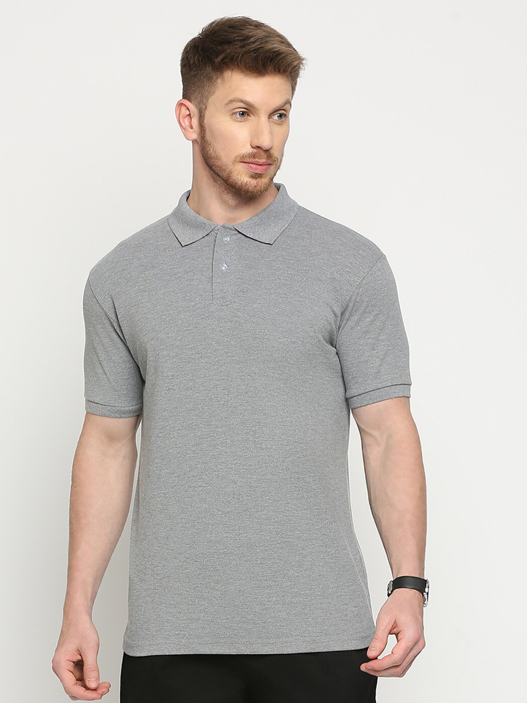 

THE DAILY OUTFITS Polo Collar Pure Cotton Bio Finish T-shirt, Grey melange