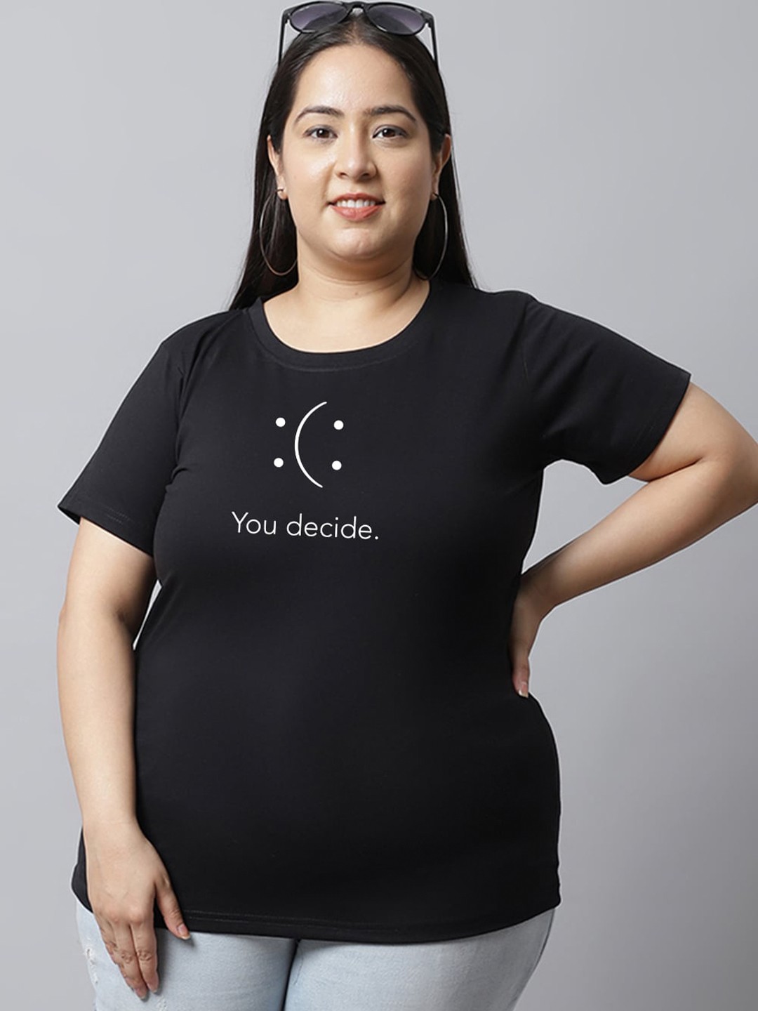 

UnaOne Plus Size Typography Printed Pure Cotton T-shirt, Black