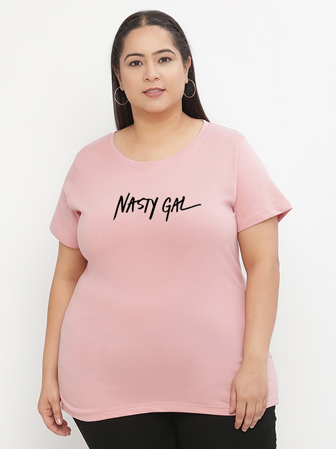 

UnaOne Plus Size Typography Printed Pure Cotton T-shirt, Peach