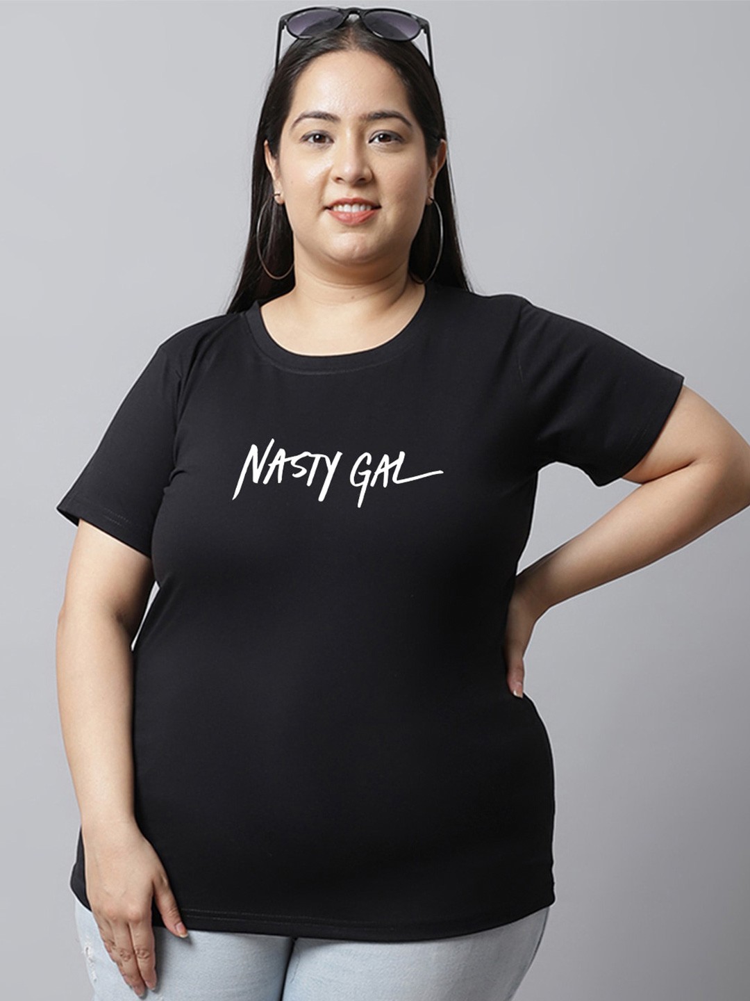 UnaOne Plus Size Typography Printed Pure Cotton T-shirt, Black