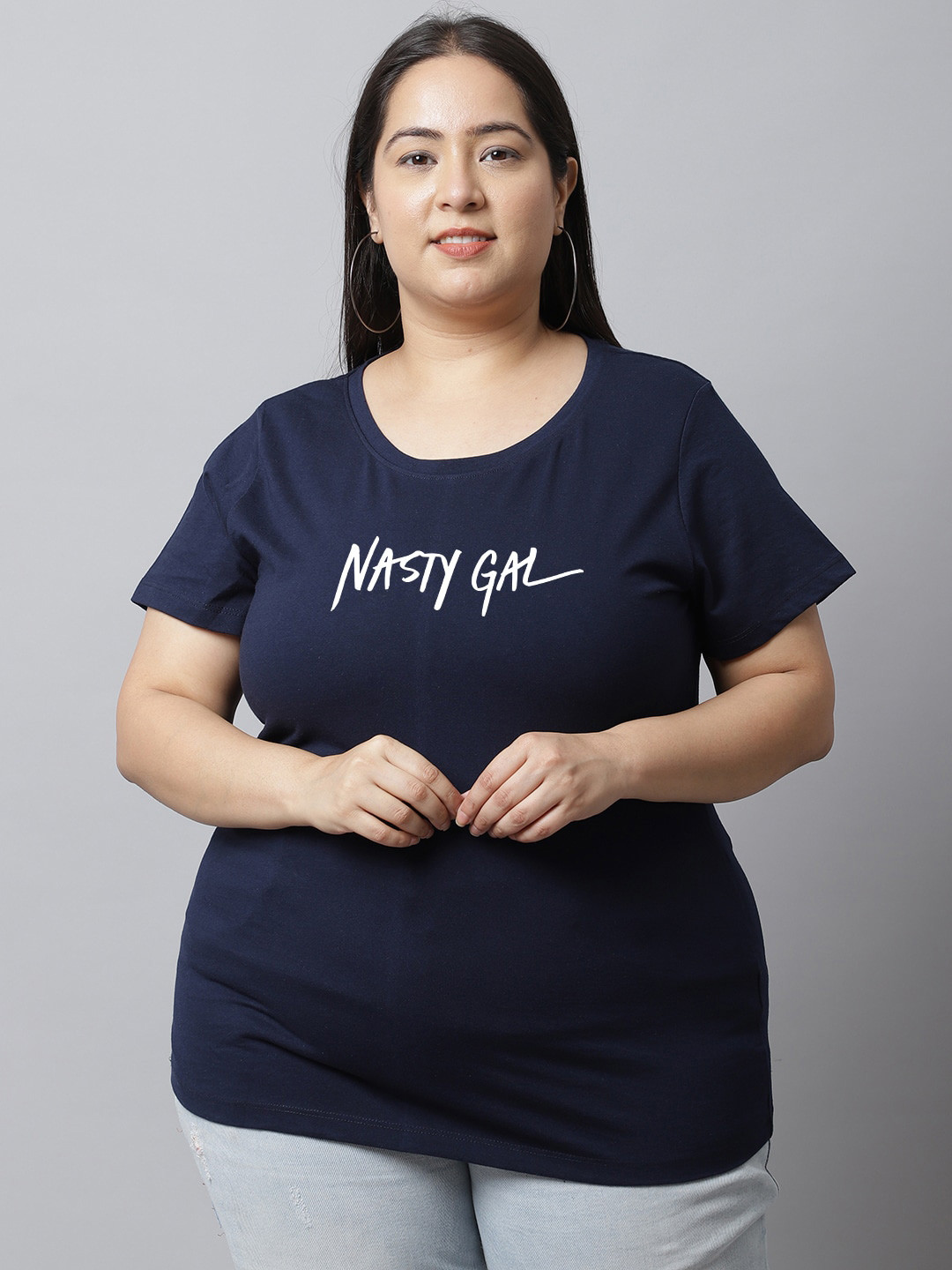 

UnaOne Plus Size Typography Printed Pure Cotton T-shirt, Navy blue