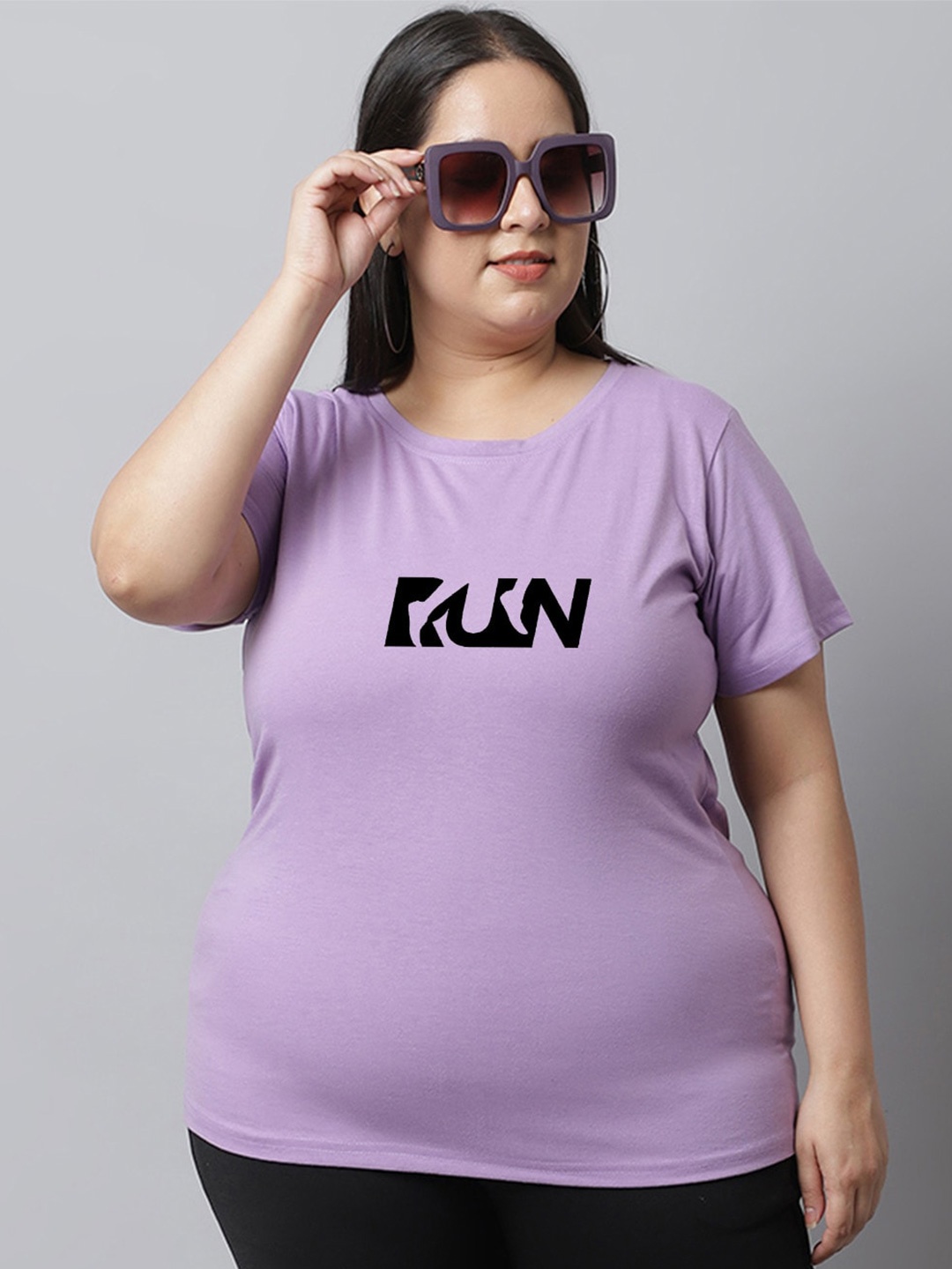 

UnaOne Plus Size Typography Printed Pure Cotton T-shirt, Purple