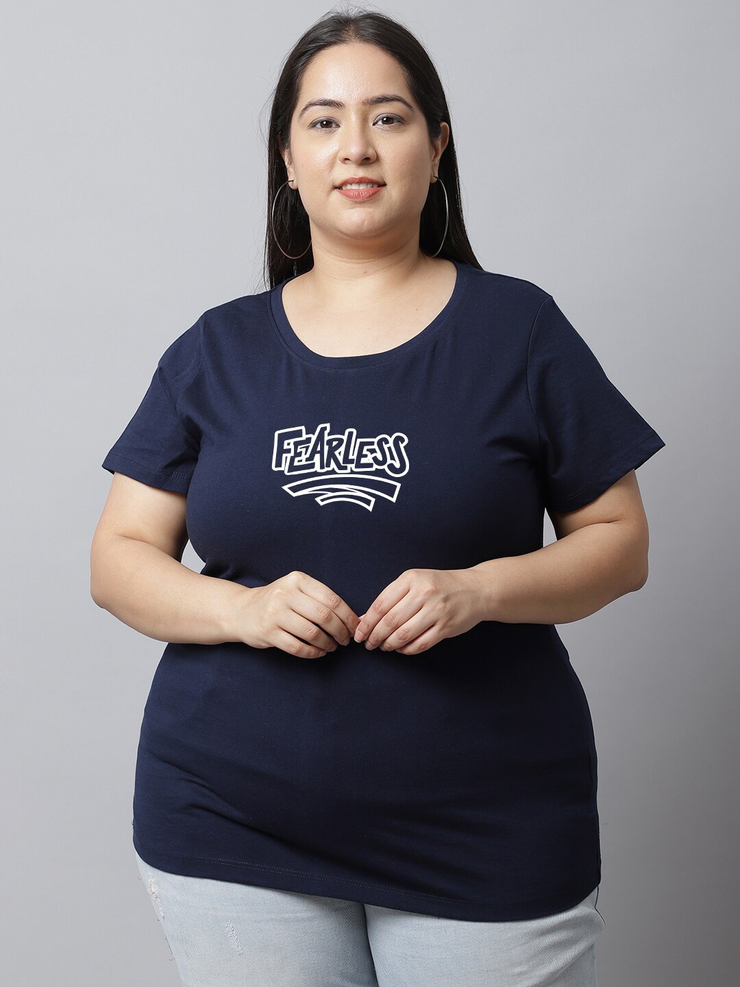 

UnaOne Plus Size Typography Printed Pure Cotton T-shirt, Navy blue