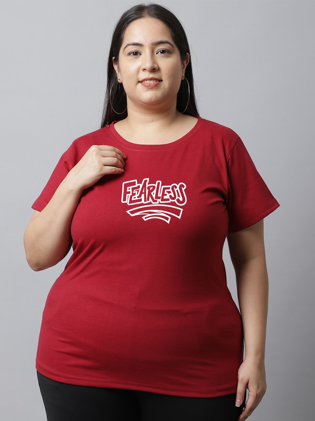 

UnaOne Plus Size Typography Printed Pure Cotton T-shirt, Maroon
