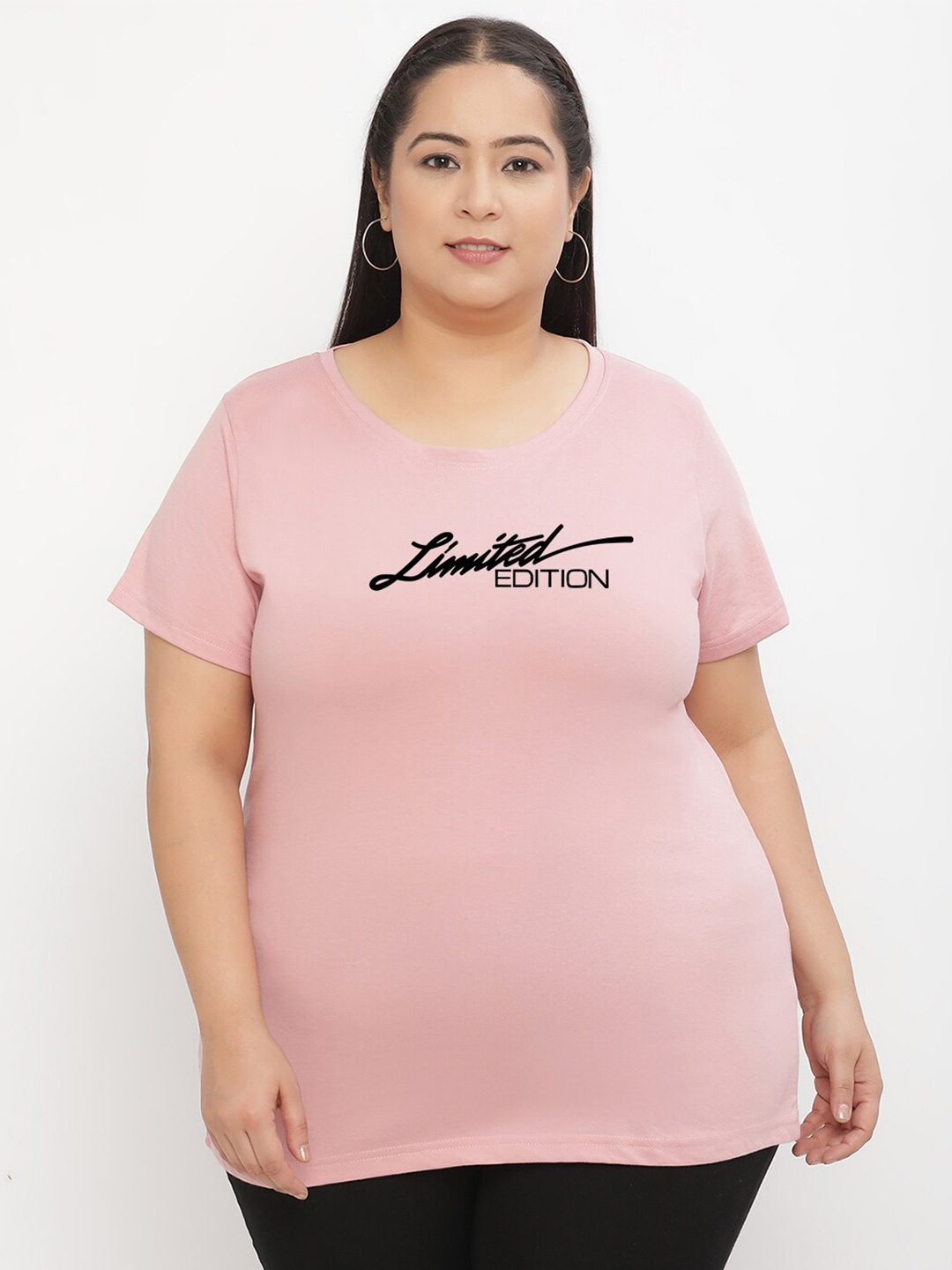 

UnaOne Plus Size Typography Printed Pure Cotton T-shirt, Peach
