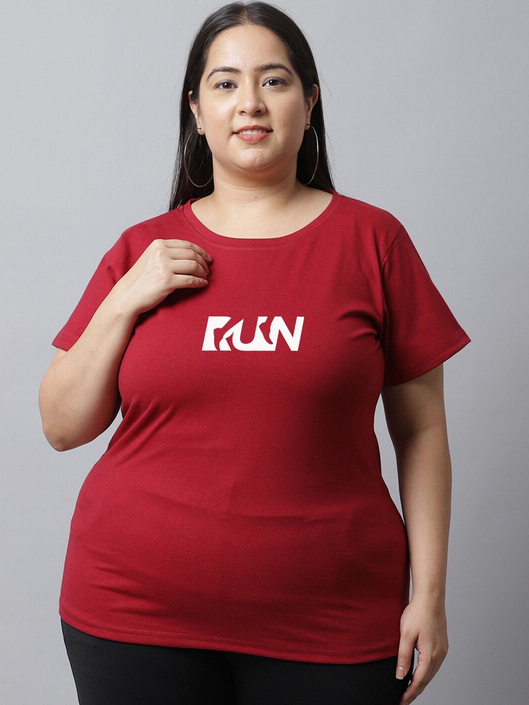 

UnaOne Plus Size Typography Printed Pure Cotton T-shirt, Maroon