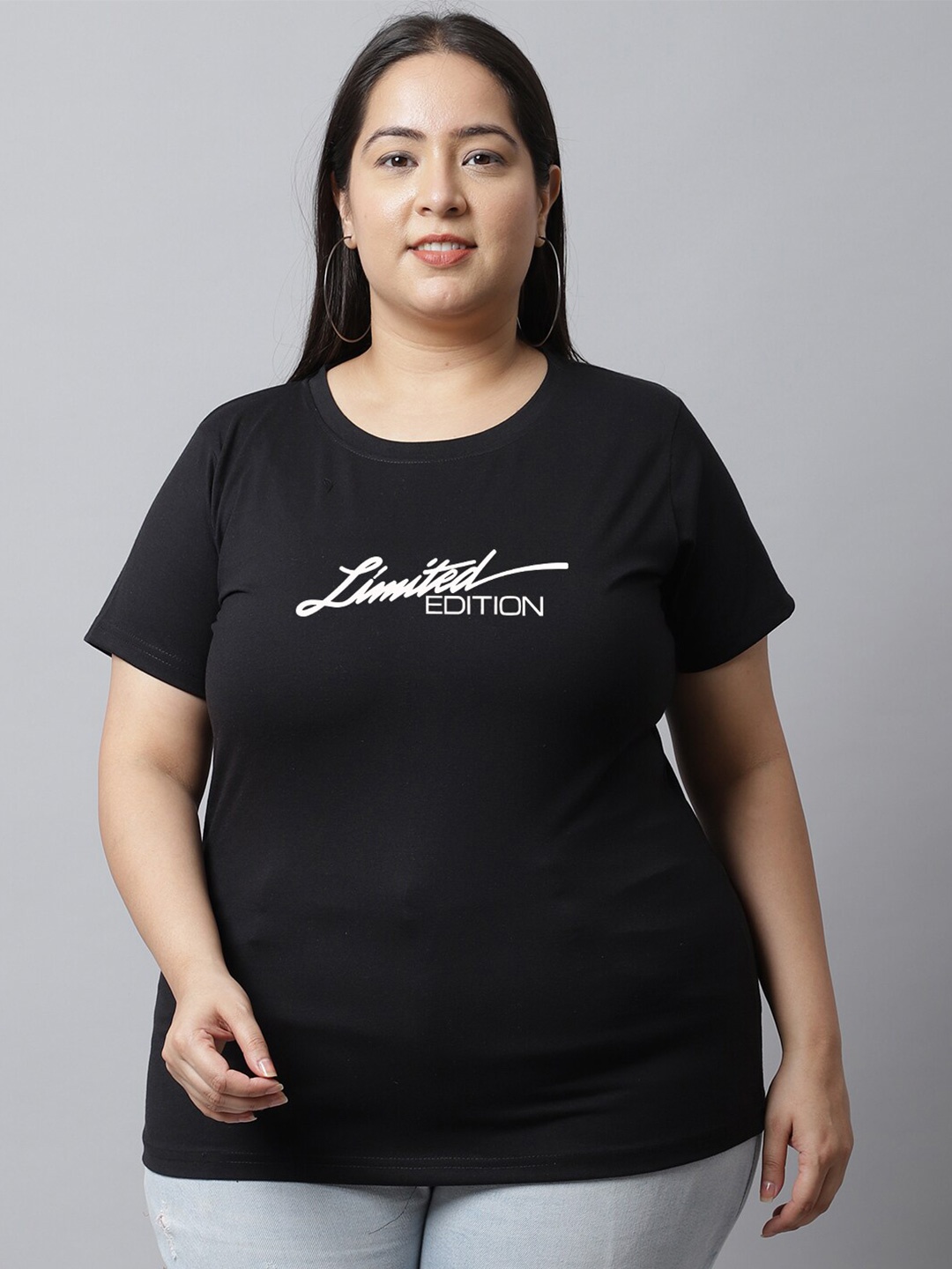 

UnaOne Plus Size Typography Printed Pure Cotton T-shirt, Black