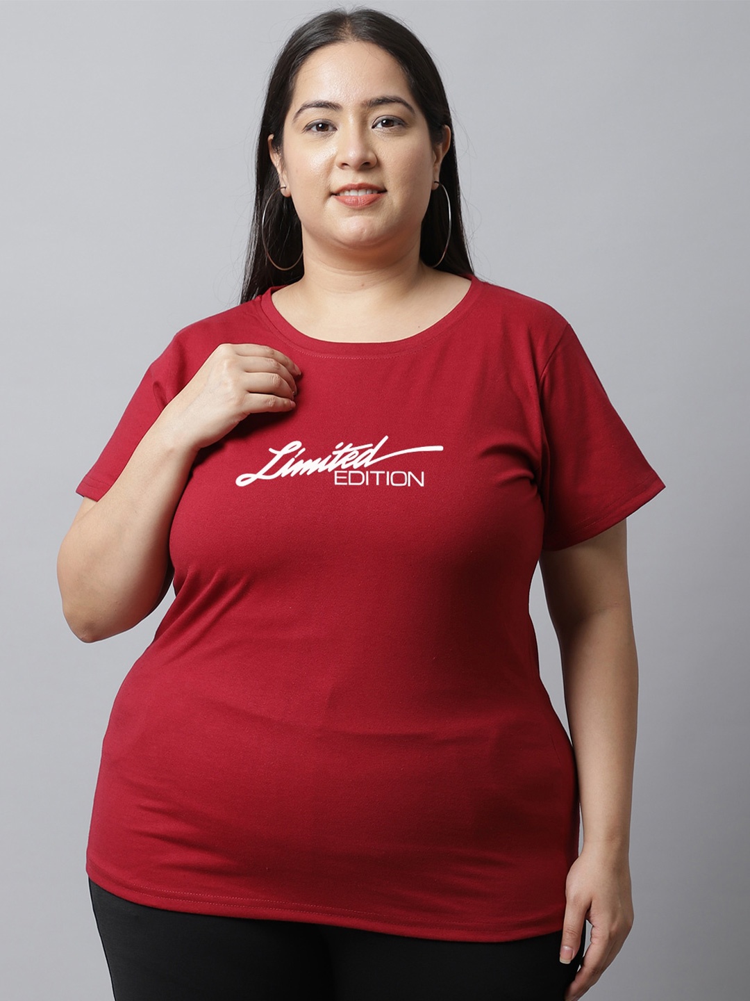 UnaOne Plus Size Typography Printed Pure Cotton T-shirt, Maroon