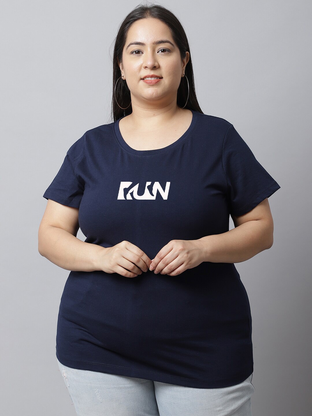 

UnaOne Plus Size Typography Printed Pure Cotton T-shirt, Navy blue