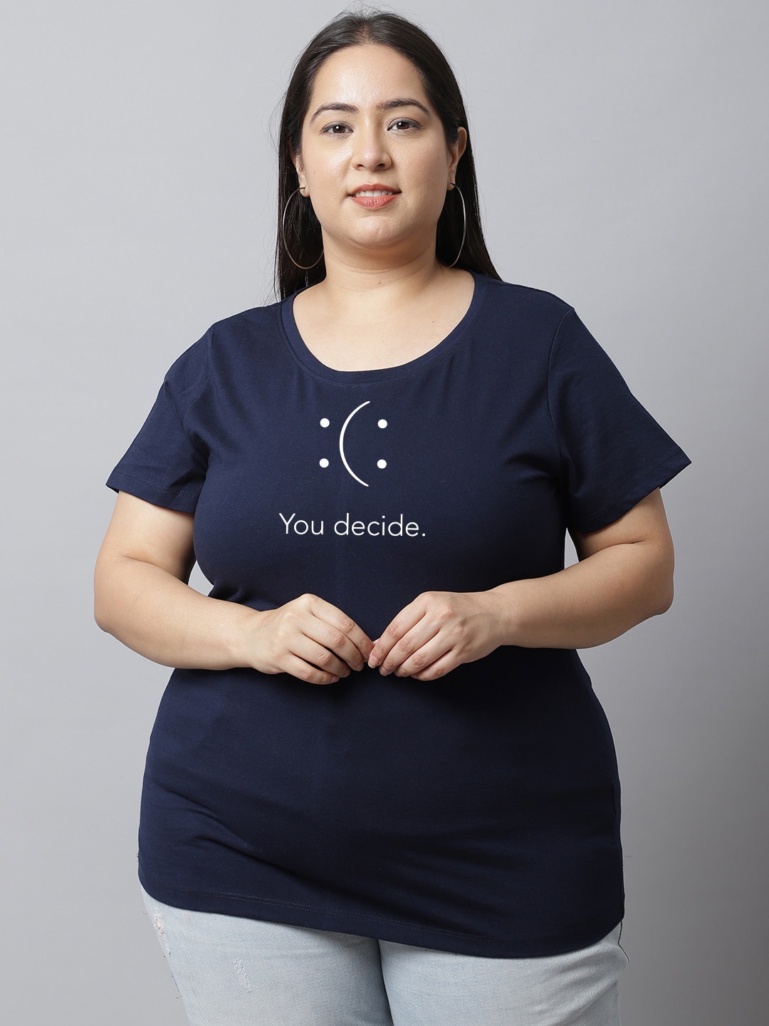 UnaOne Plus Size Typography Printed Pure Cotton T-shirt, Navy blue