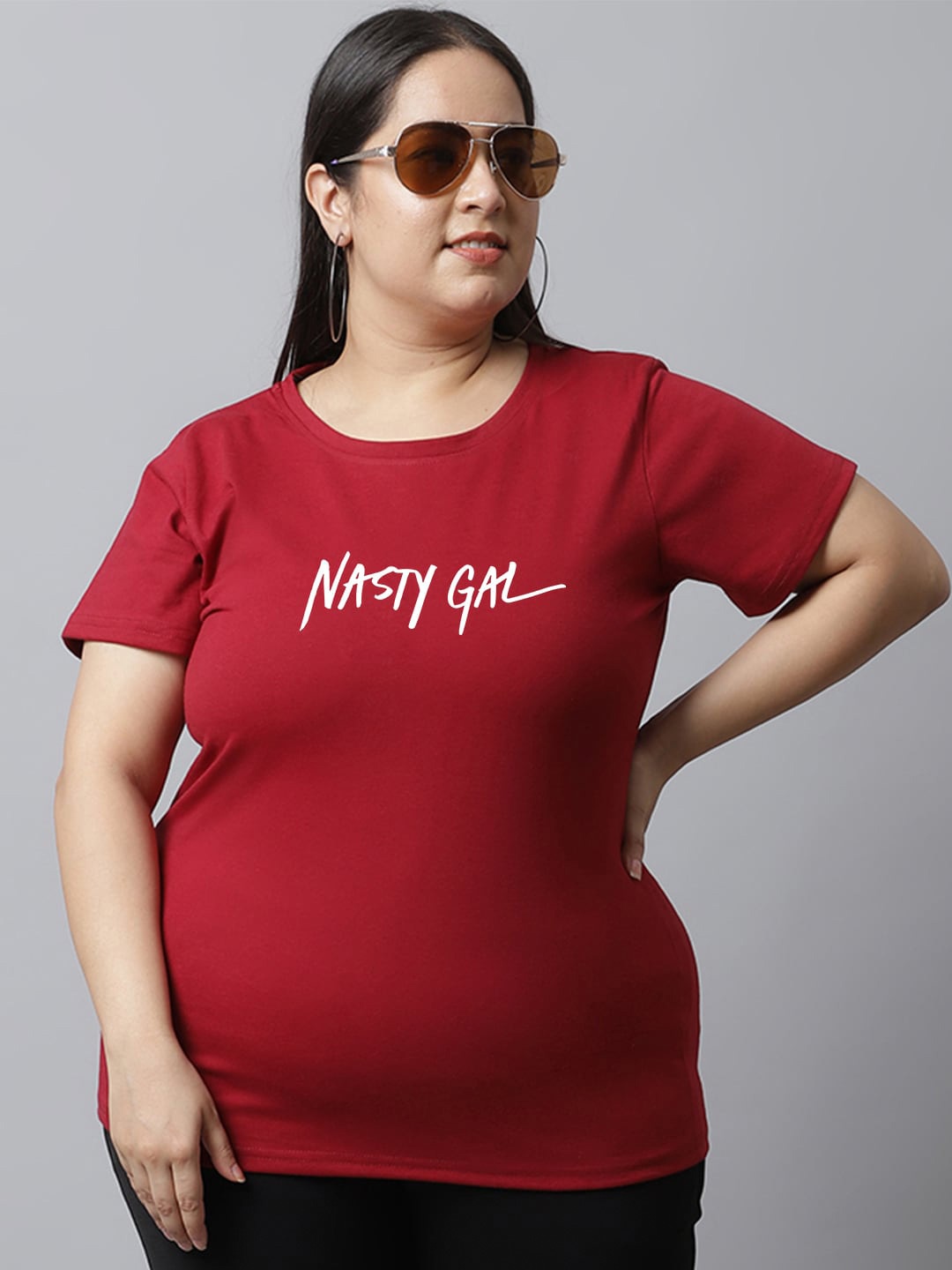 

UnaOne Plus Size Typography Printed Pure Cotton T-shirt, Maroon