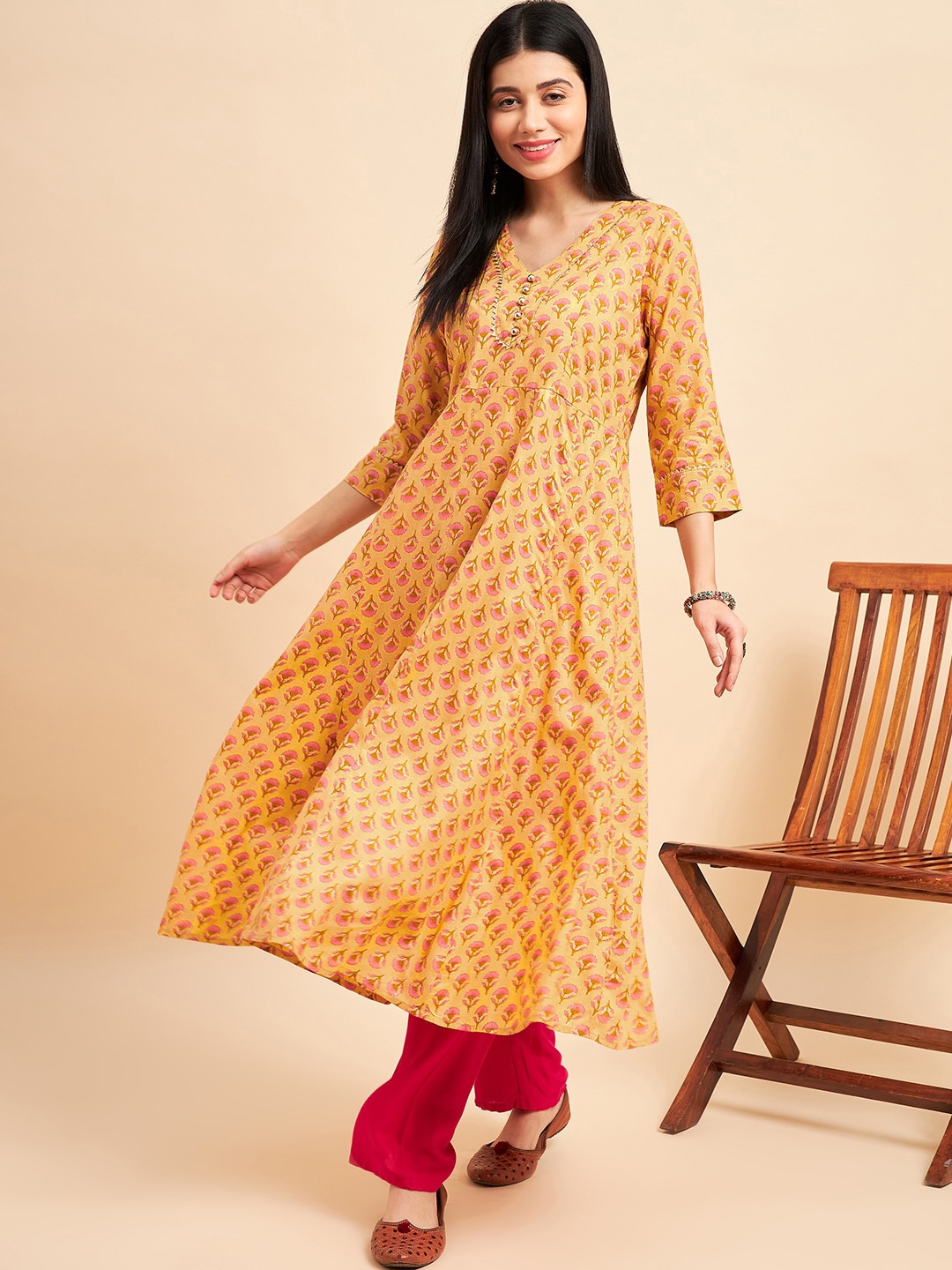 

One of a Kind Printed Anarkali Kurta, Yellow