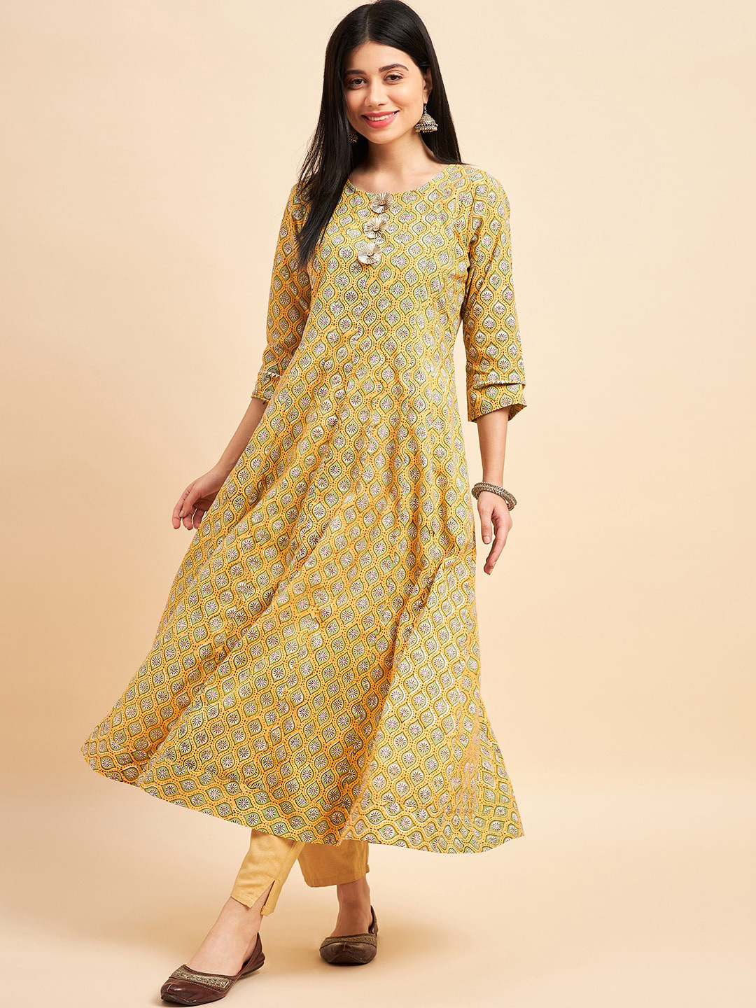 

One of a Kind Ethnic Motifs Printed A-Line Cotton Kurta, Yellow