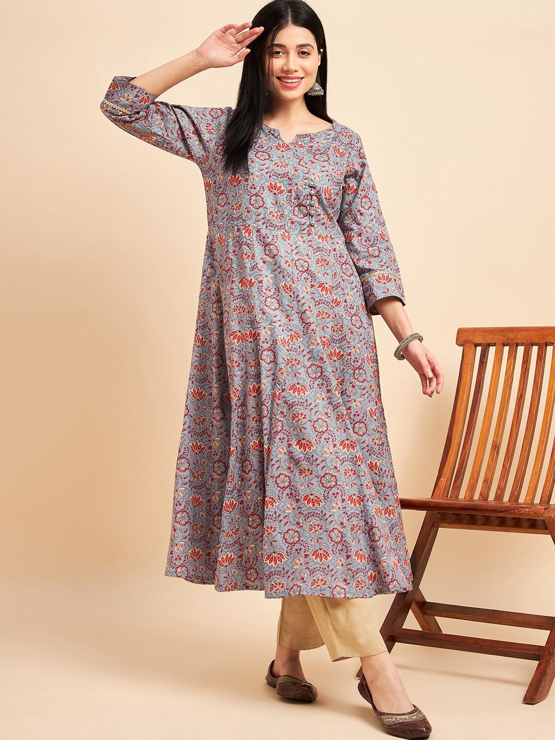 

One of a Kind Printed Anarkali Kurta, Grey
