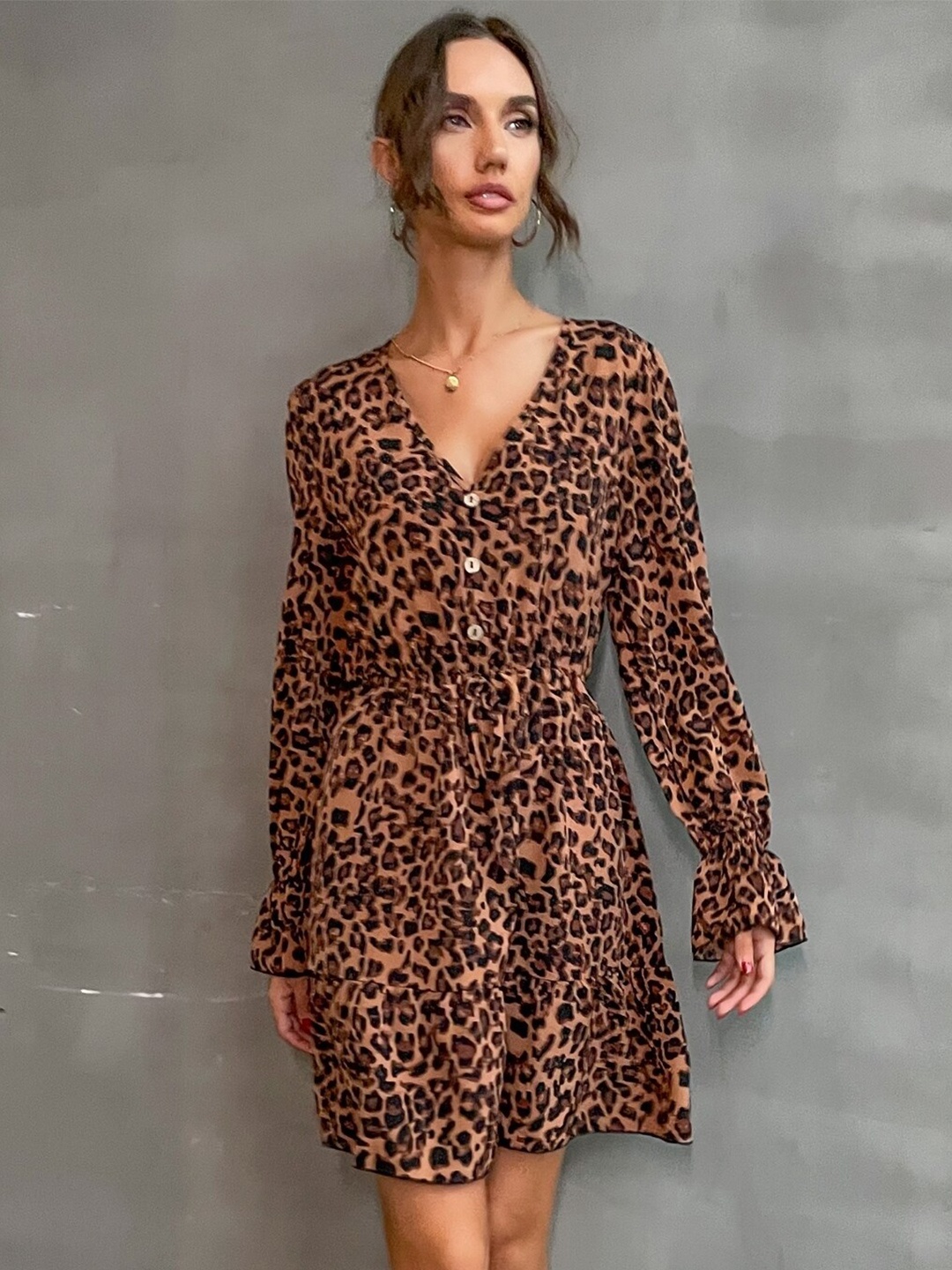 

StyleCast Khaki-Coloured Animal Printed V-Neck Puff Sleeves A-Line Dress
