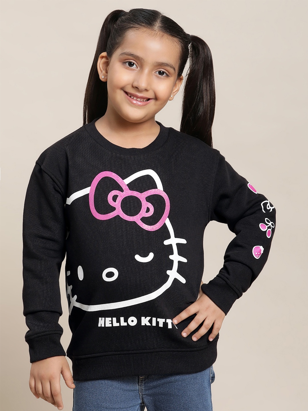 Kids Ville Girls Hello Kitty Printed Cotton Sweatshirts, Black