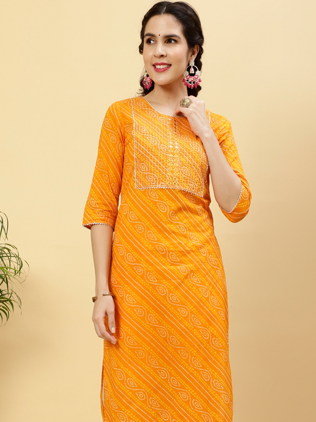 

Jaipur Kurti Bandhani Printed Mirror Work Straight Kurta, Orange