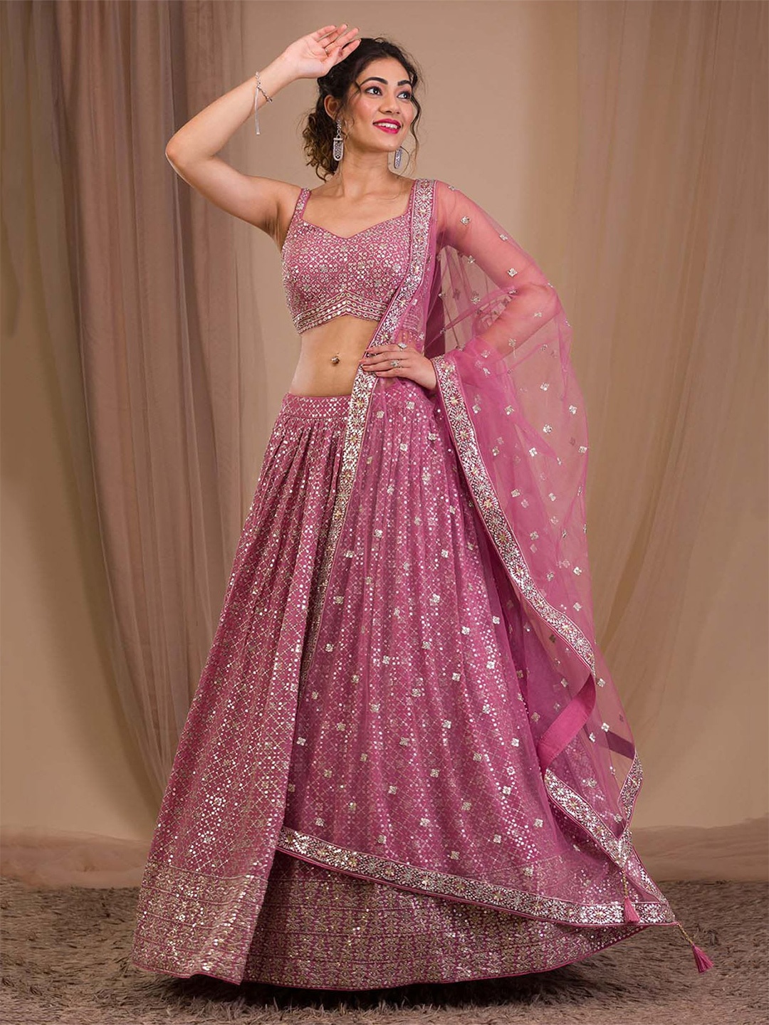 

FABPIXEL Embroidered Sequinned Semi-Stitched Lehenga & Unstitched Blouse With Dupatta, Pink