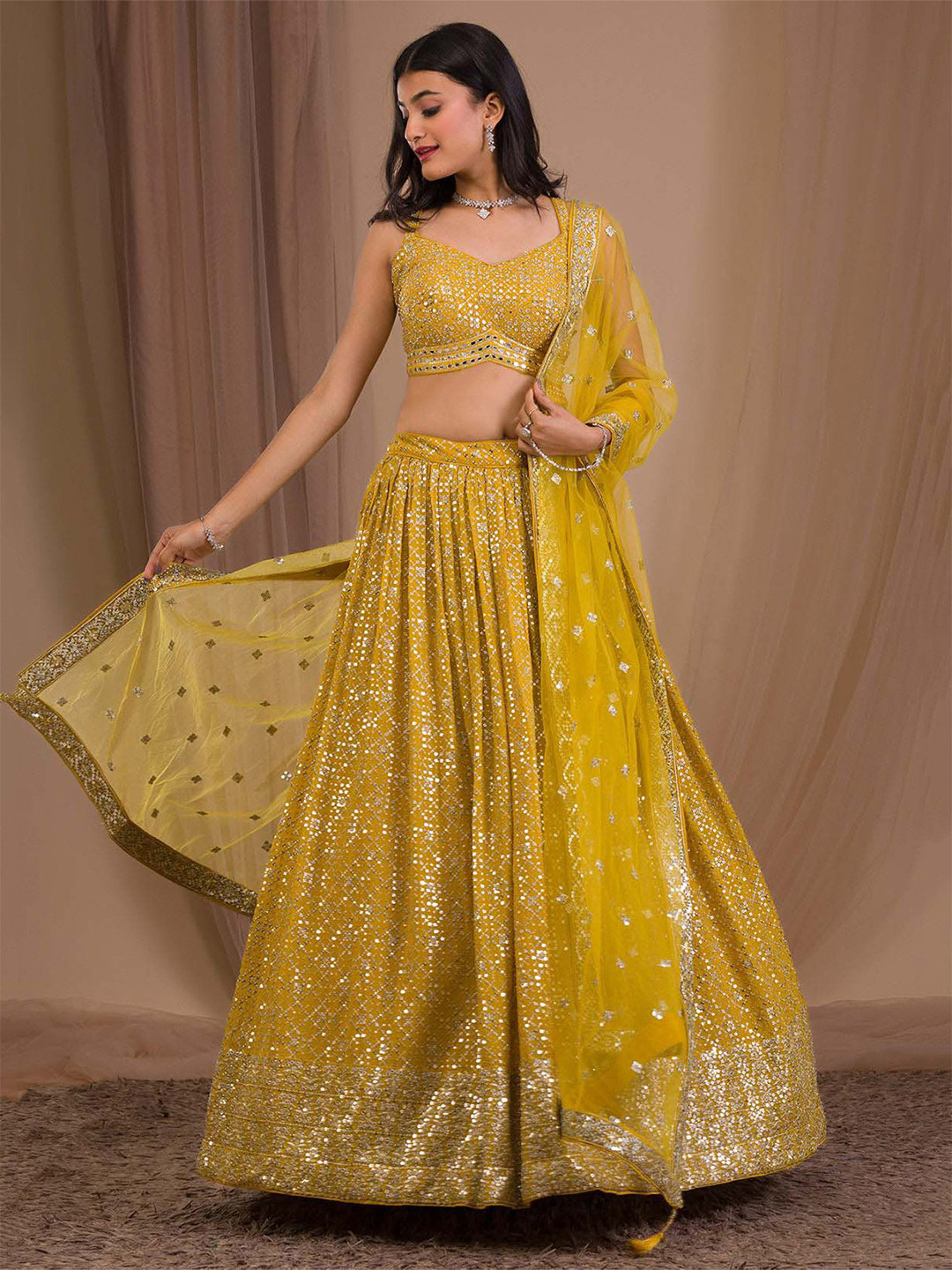 

FABPIXEL Embroidered Sequinned Semi-Stitched Lehenga & Unstitched Blouse With Dupatta, Yellow