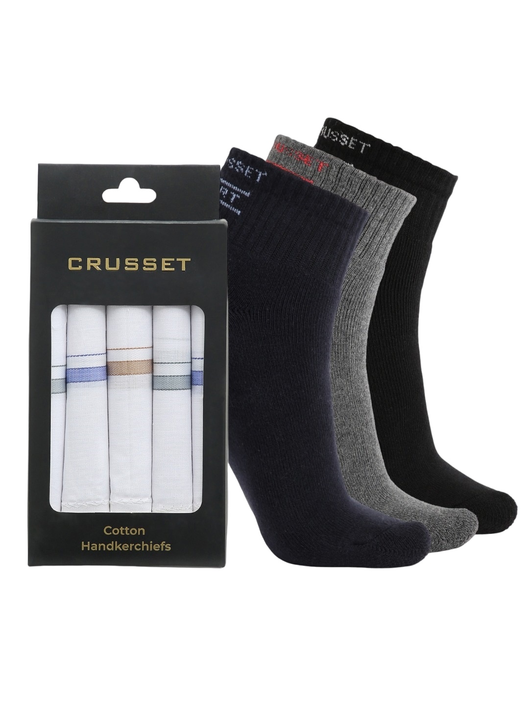 

CRUSSET Men Pack Of 3 Ankle Length Socks With Handkerchiefs, Black
