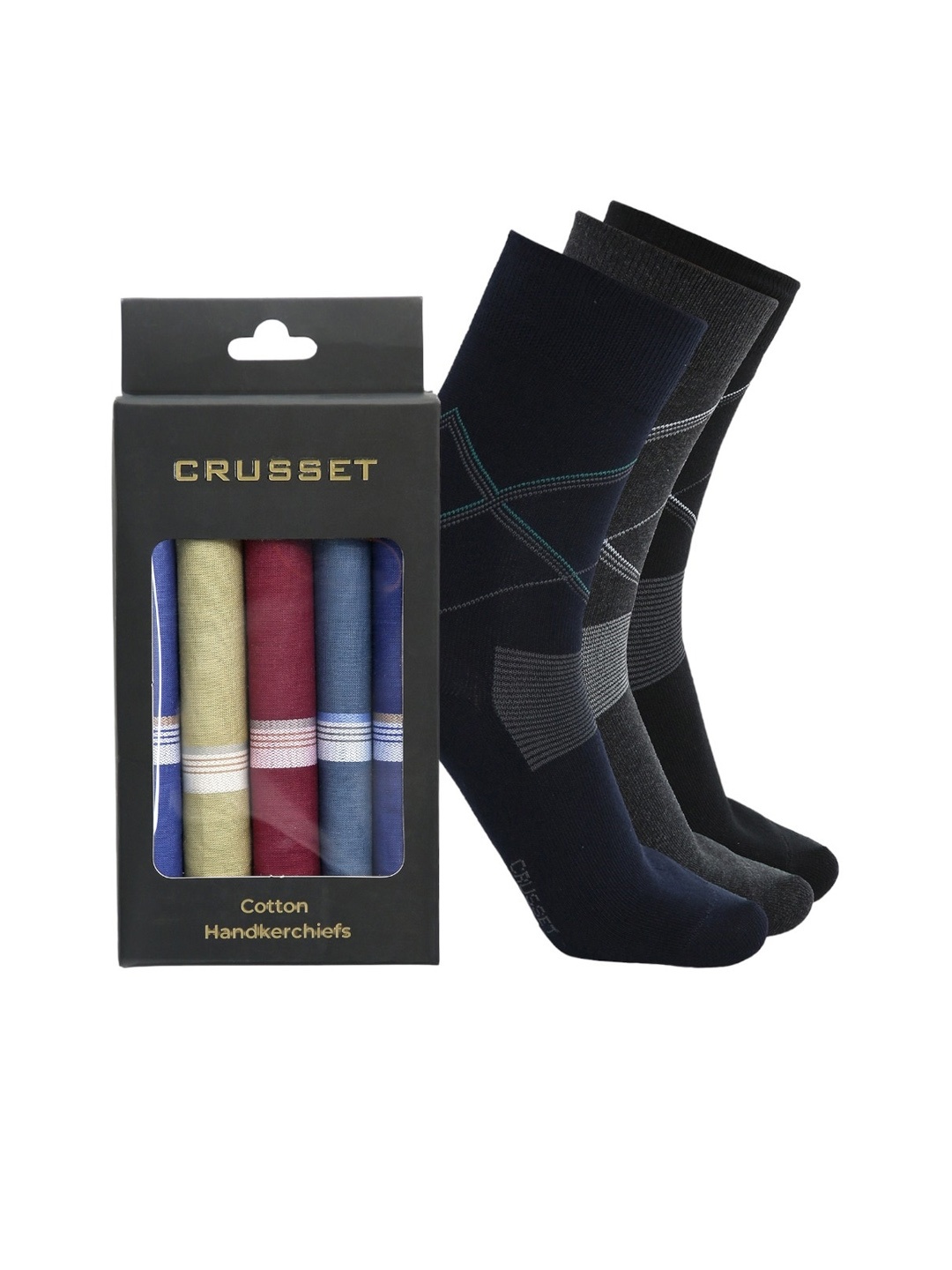 

CRUSSET Men Pack Of 3 Calf Length Socks With Handkerchiefs, Black