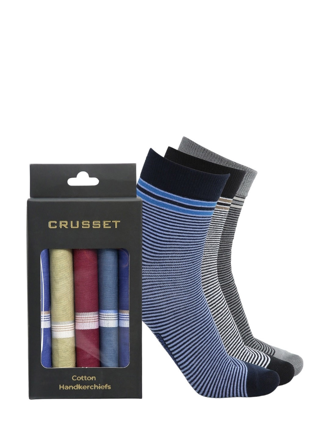 

CRUSSET Pack of 5 Assorted Striped Handkerchiefs & Pack Of 3 Ankle Length Socks