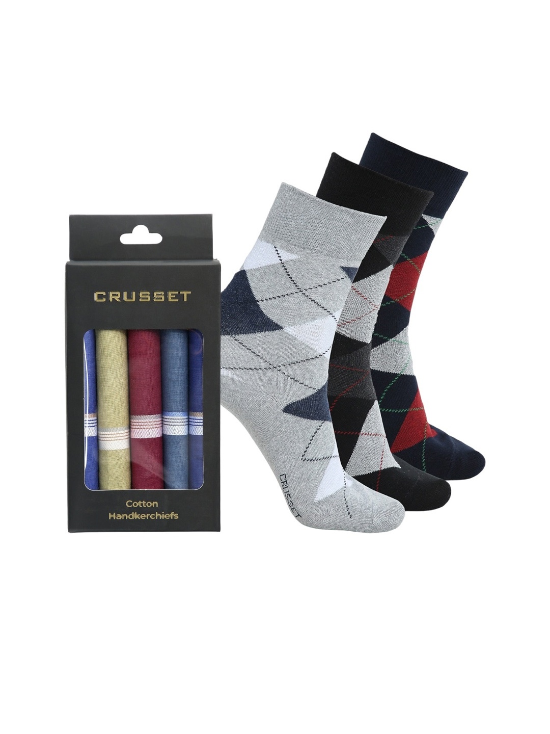 

CRUSSET Men Pack Of 3 Calf Length Socks With Handkerchiefs, Black