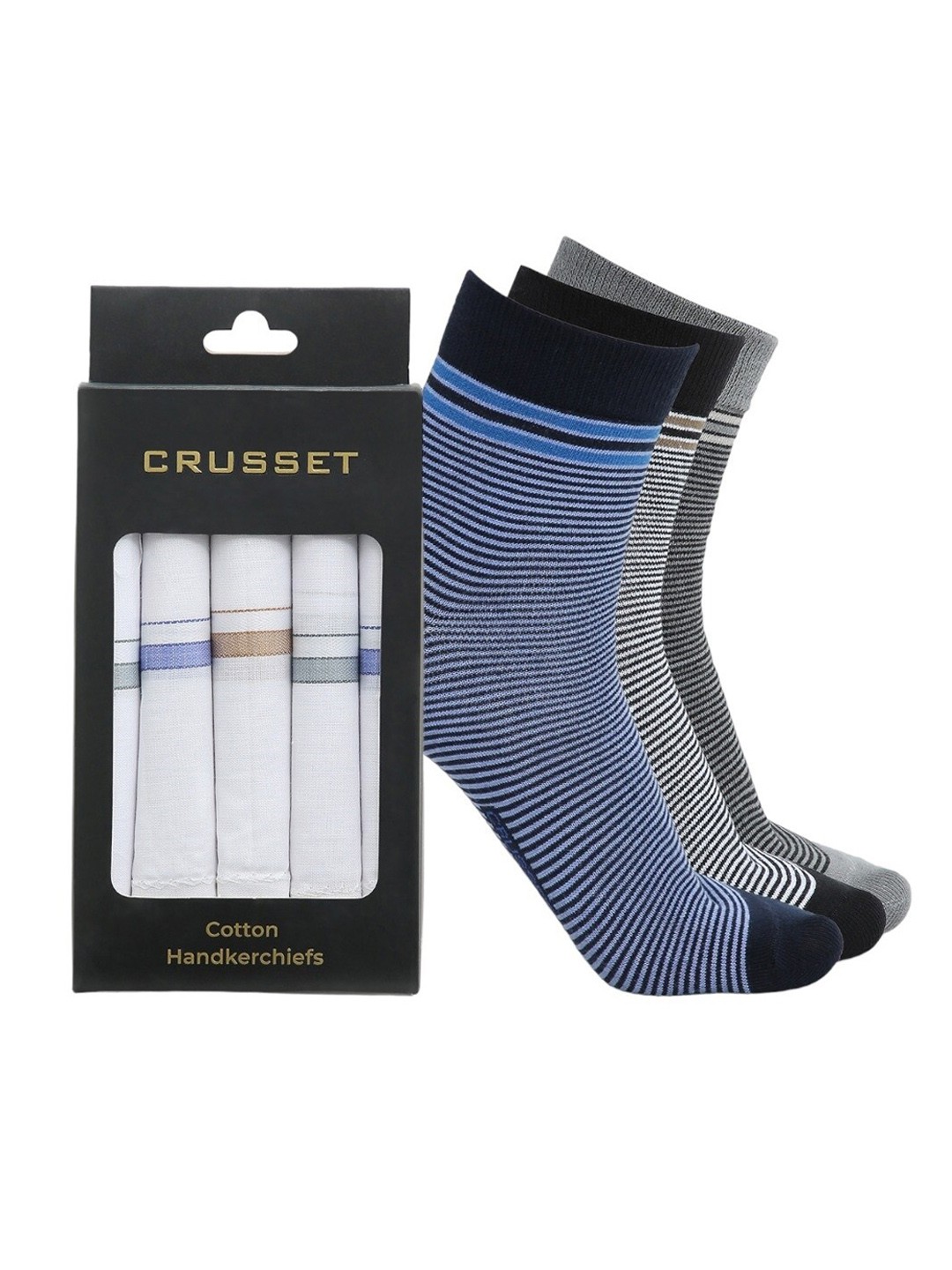 

CRUSSET Men Pack Of 3 Ankle Length Socks With Handkerchiefs, Black