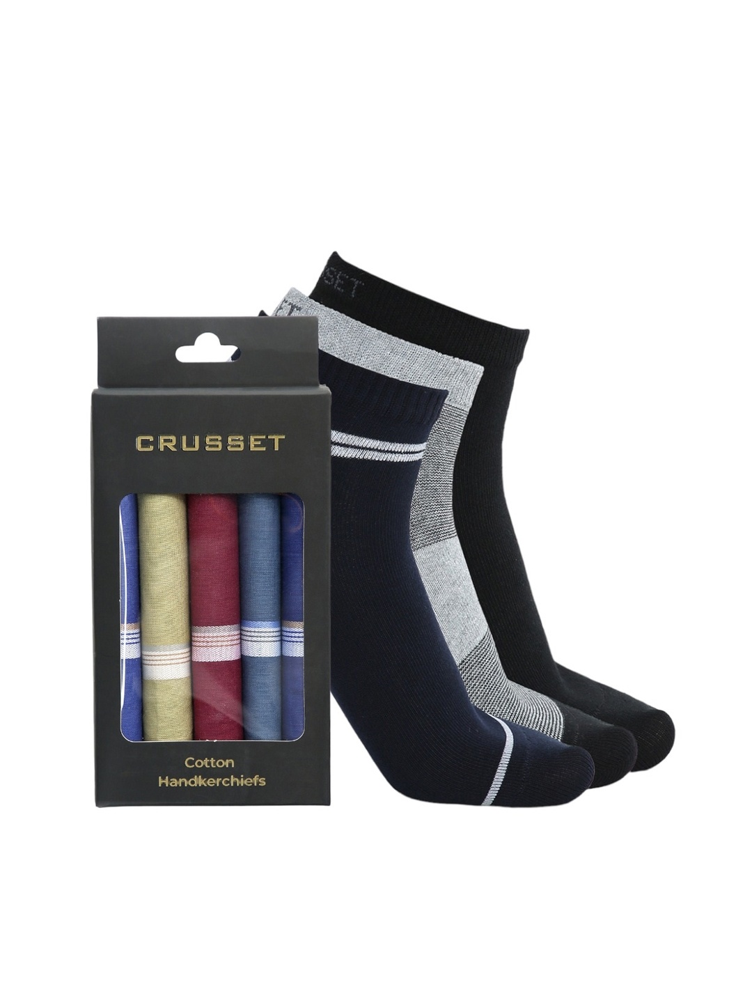 

CRUSSET Men Pack Of 3 Ankle Length Socks With Handkerchiefs, Navy blue