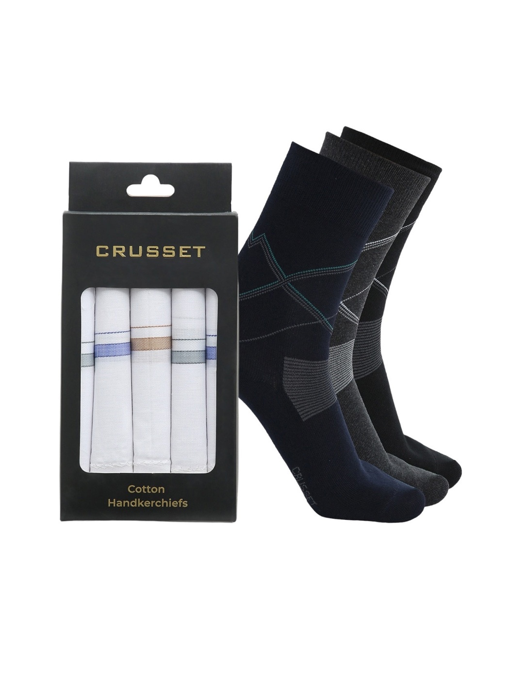 

CRUSSET Men Pack Of 3 Calf Length Socks With Handkerchiefs, Black