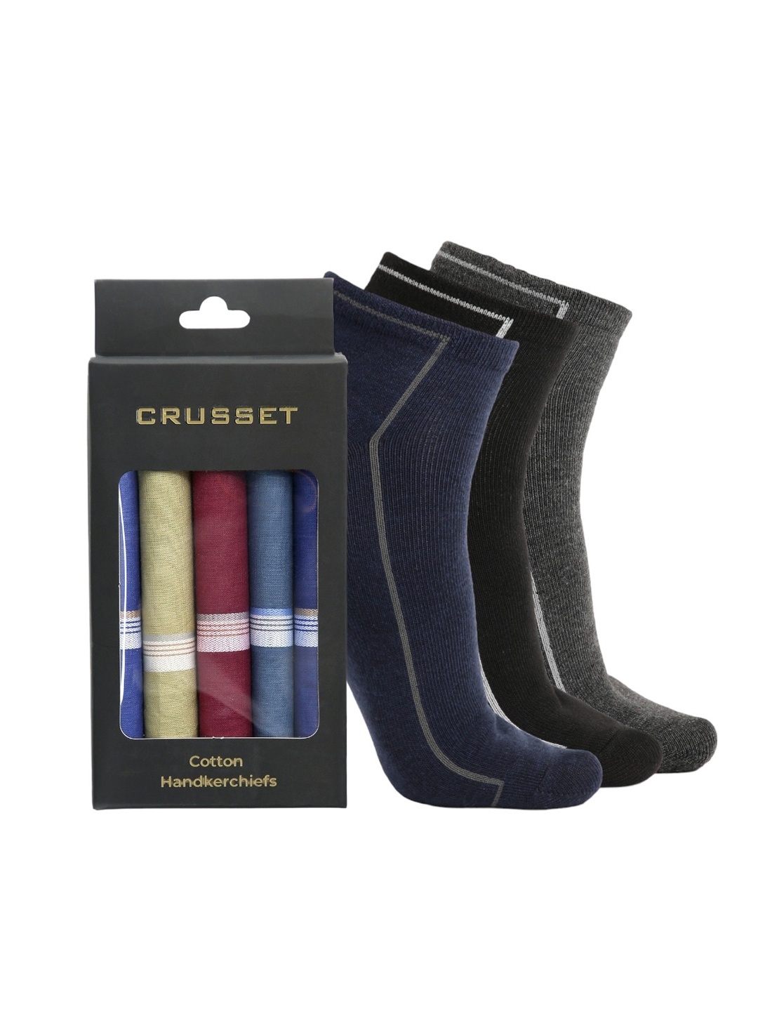 

CRUSSET Men Pack Of 3 Ankle Length Socks With Handkerchiefs, Black