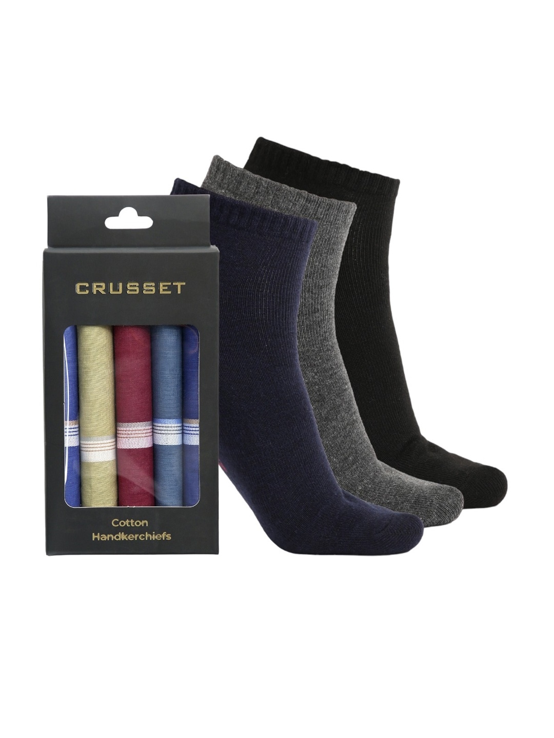 

CRUSSET Men Pack Of 3 Ankle Length Socks With Handkerchiefs, Navy blue