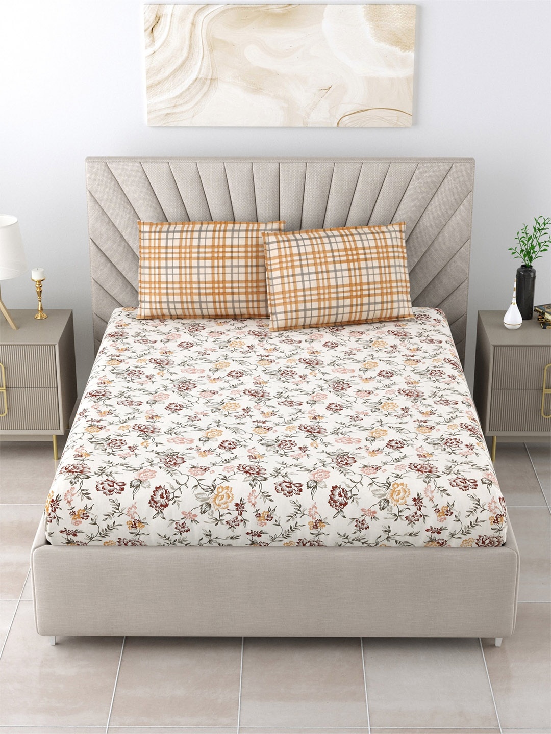 

Salona Bichona White & Grey Floral Pure Cotton 120 TC Queen Bedsheet with 2 Pillow Covers