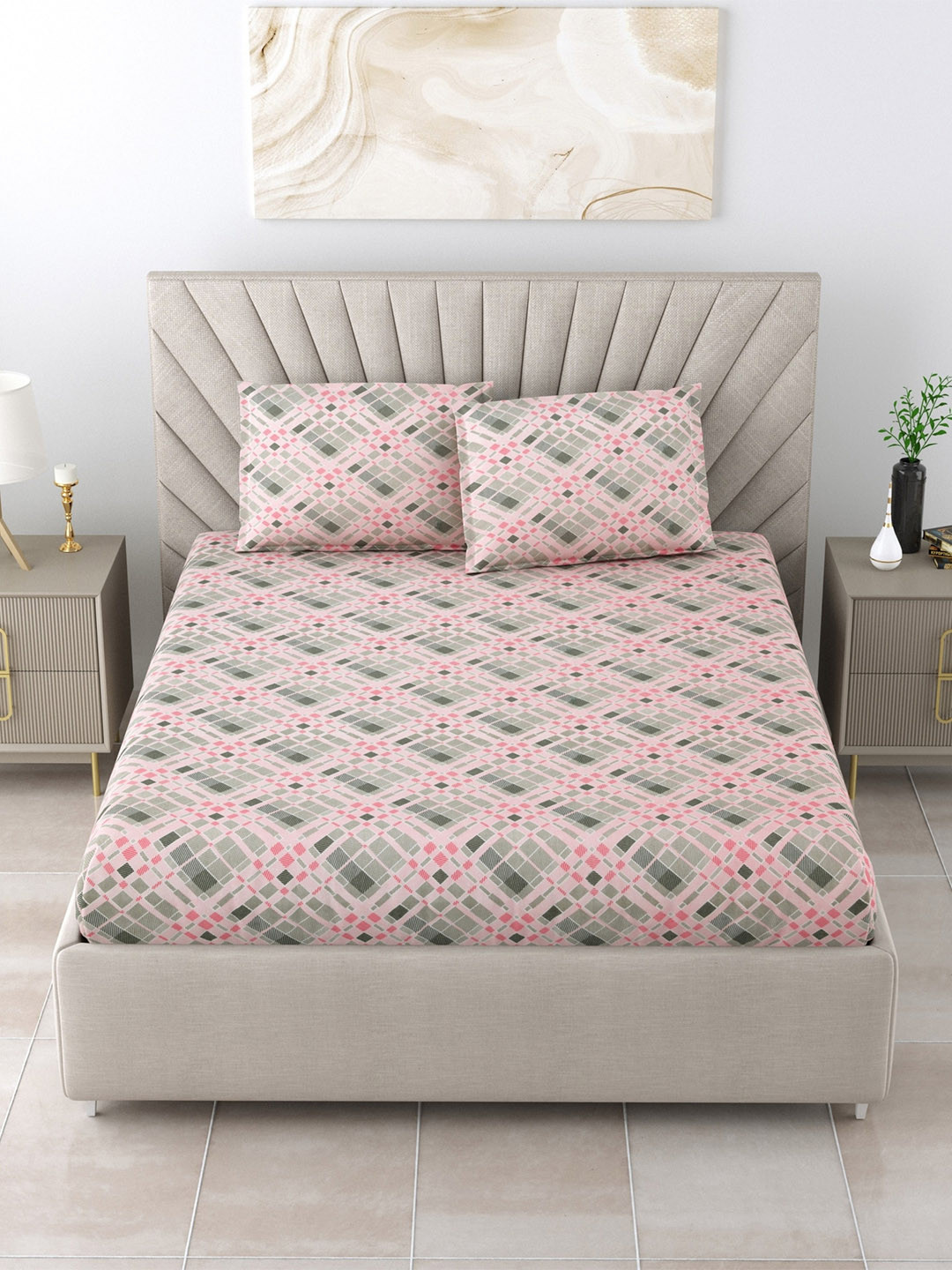 

Salona Bichona Beige & Grey Geometric Pure Cotton 120 TC King Bedsheet & 2 Pillow Covers