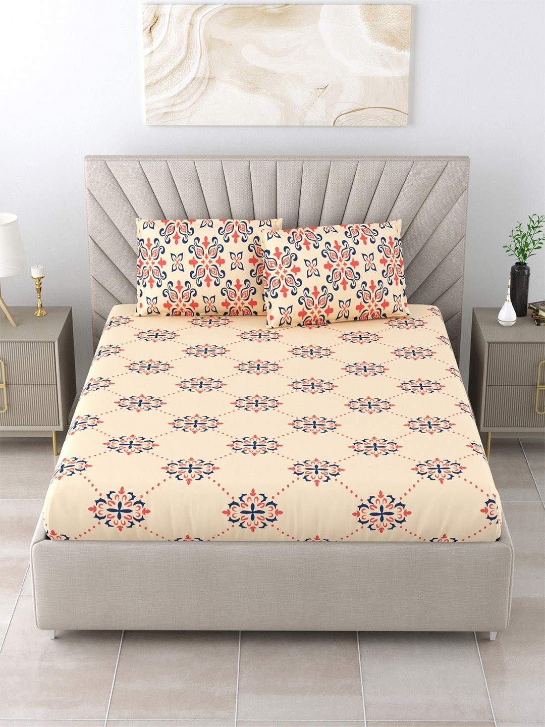 

Salona Bichona Cream Ethnic Motifs Cotton 120 TC King Bedsheet with 2 Pillow Covers