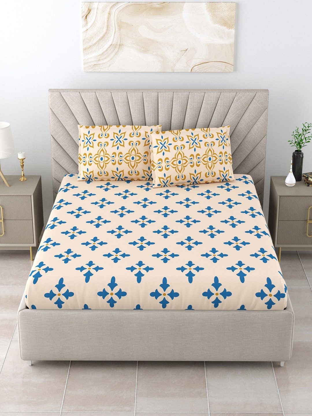 

Salona Bichona Blue Ethnic Motifs Pure Cotton 120 TC Queen Bedsheet with 2 Pillow Covers