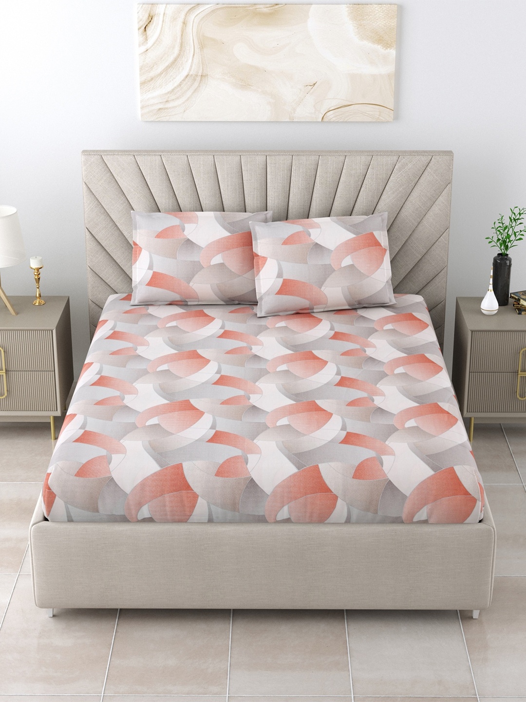 

Salona Bichona Orange & White Pure Cotton 120 TC Queen Bedsheet with 2 Pillow Covers
