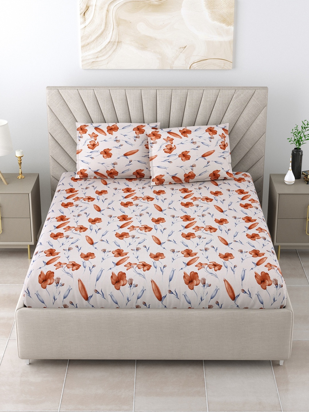 

Salona Bichona Peach-Coloured Floral Cotton 120 TC Queen Bedsheet With 2 Pillow Covers